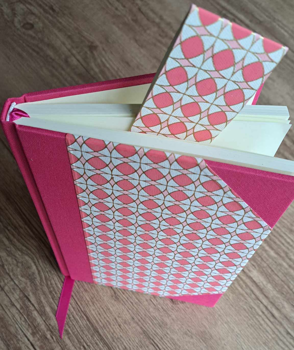 A5 Journal/Notebook (blank) - pink cloth bound with pink geometric design front cover