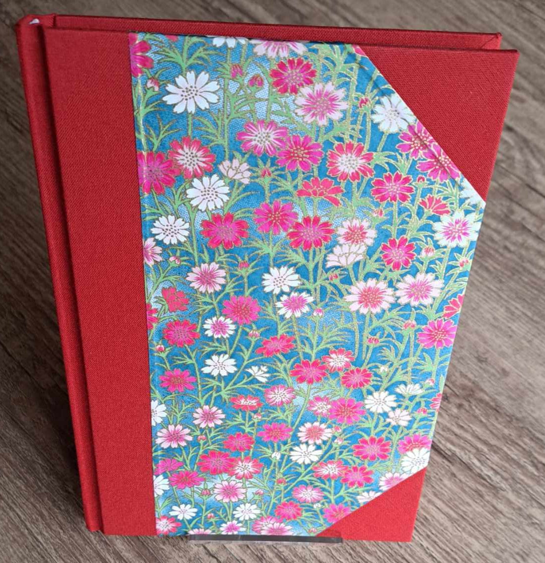 A5 Journal/Notebook (blank) - red cloth bound with pink blossom design front cover