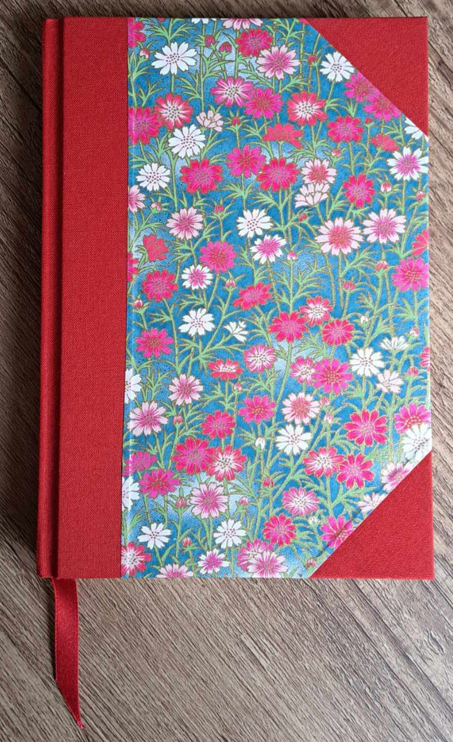 A5 Journal/Notebook (blank) - red cloth bound with pink blossom design front cover