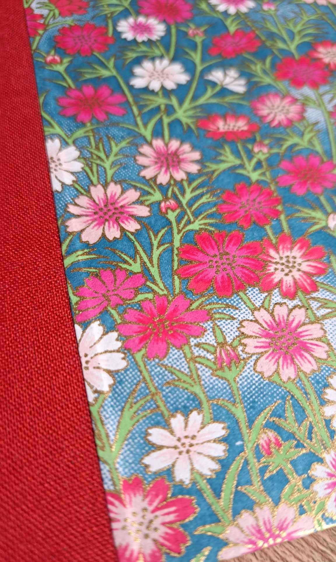 A5 Journal/Notebook (blank) - red cloth bound with pink blossom design front cover