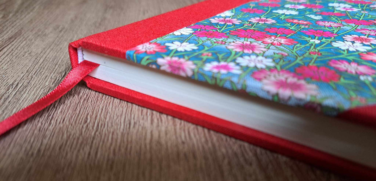 A5 Journal/Notebook (blank) - red cloth bound with pink blossom design front cover