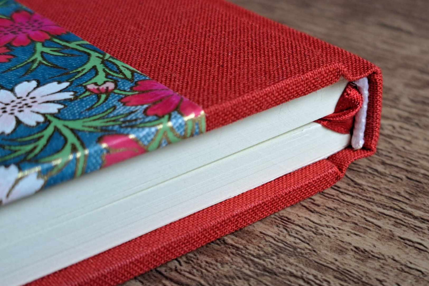 A5 Journal/Notebook (blank) - red cloth bound with pink blossom design front cover