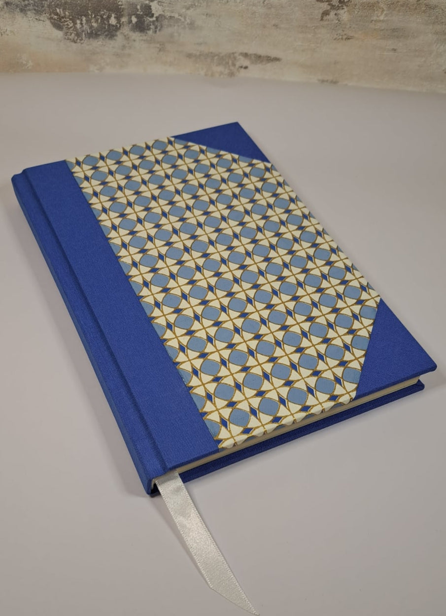 A5 Journal/Notebook (lined)- blue cloth bound with blue geometric design front cover