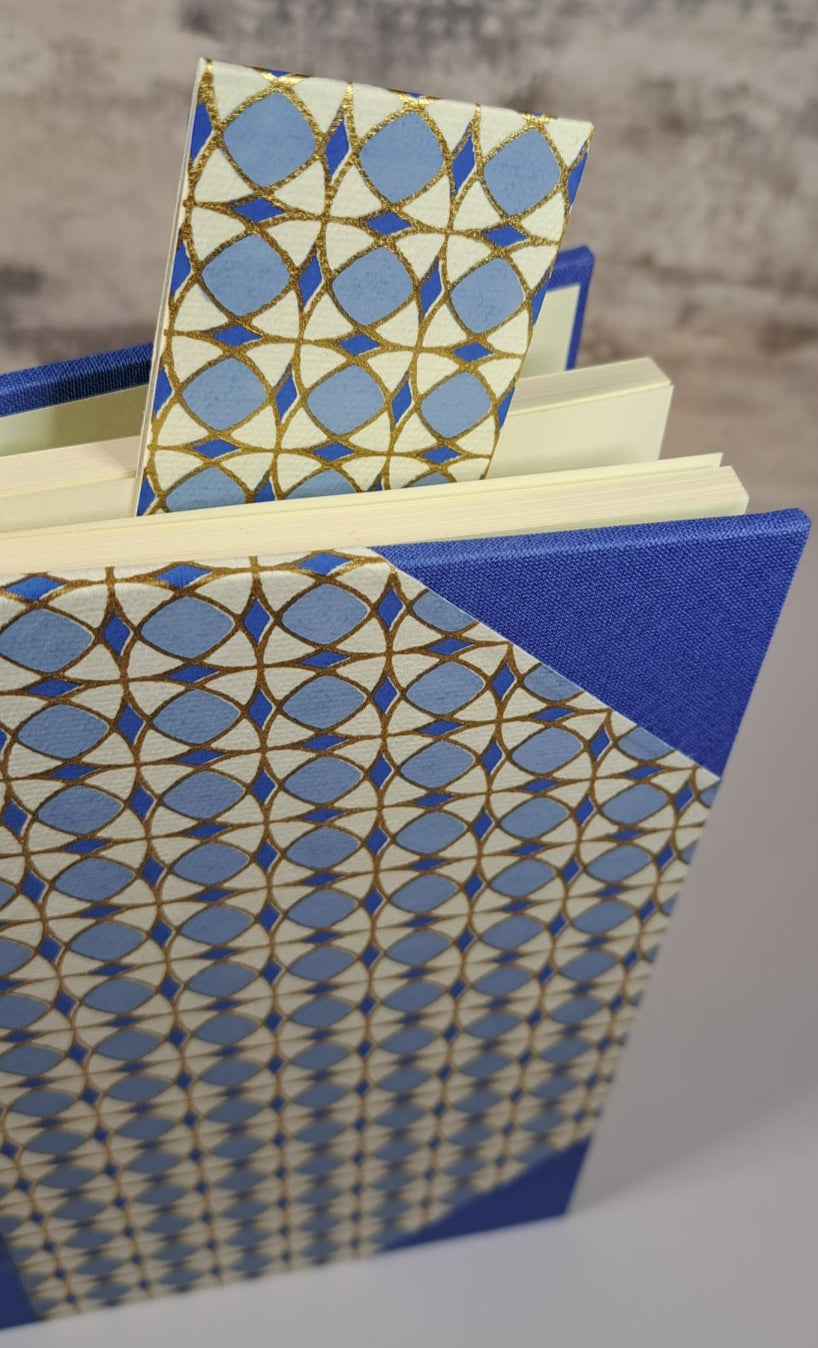 A5 Journal/Notebook (lined)- blue cloth bound with blue geometric design front cover