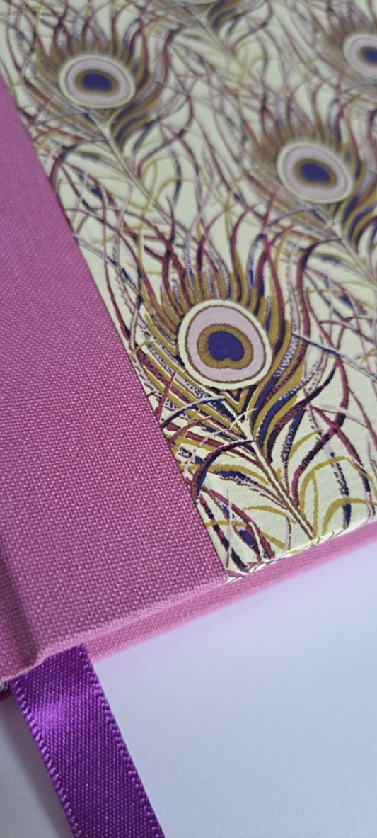 A5 Journal/Notebook (blank) - lilac purple cloth bound with gold peacock feather design front cover