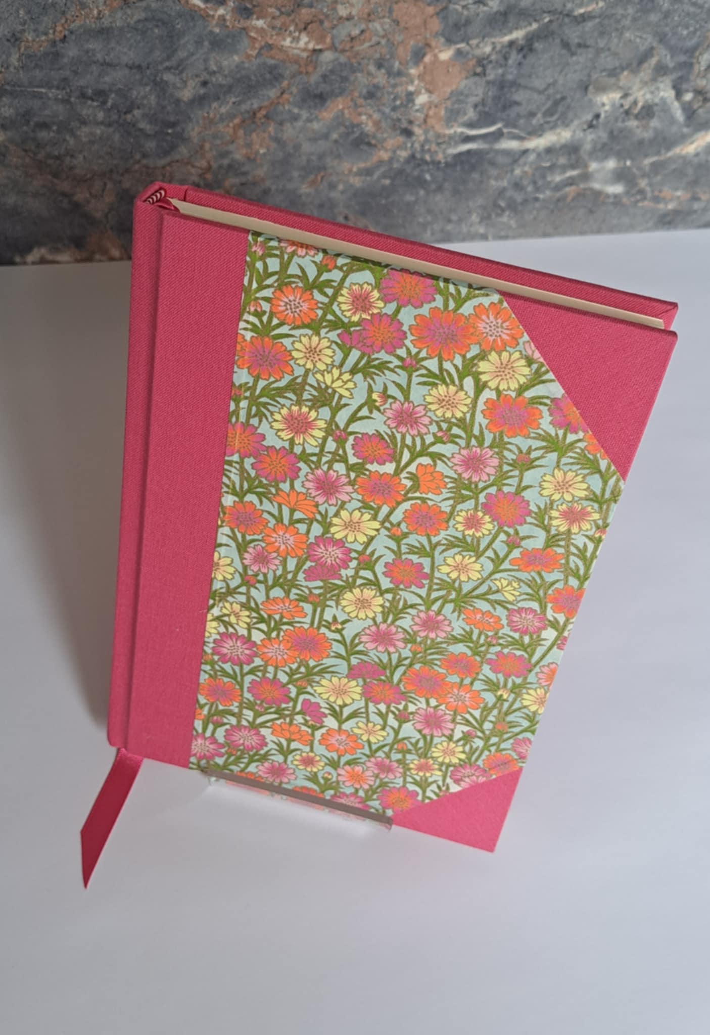 A5 Journal/Notebook (blank) - pink cloth bound with pink Japanese Chiyogami floral design front cover