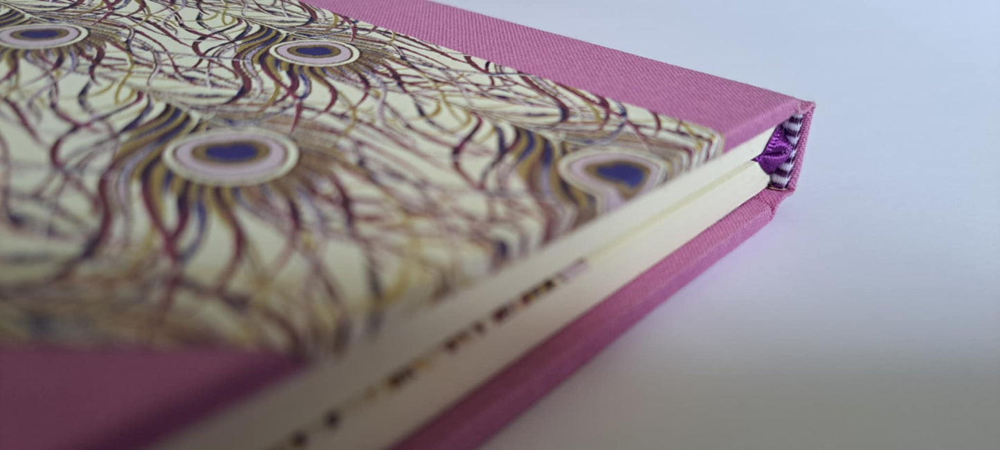 A5 Journal/Notebook (blank) - lilac purple cloth bound with gold peacock feather design front cover