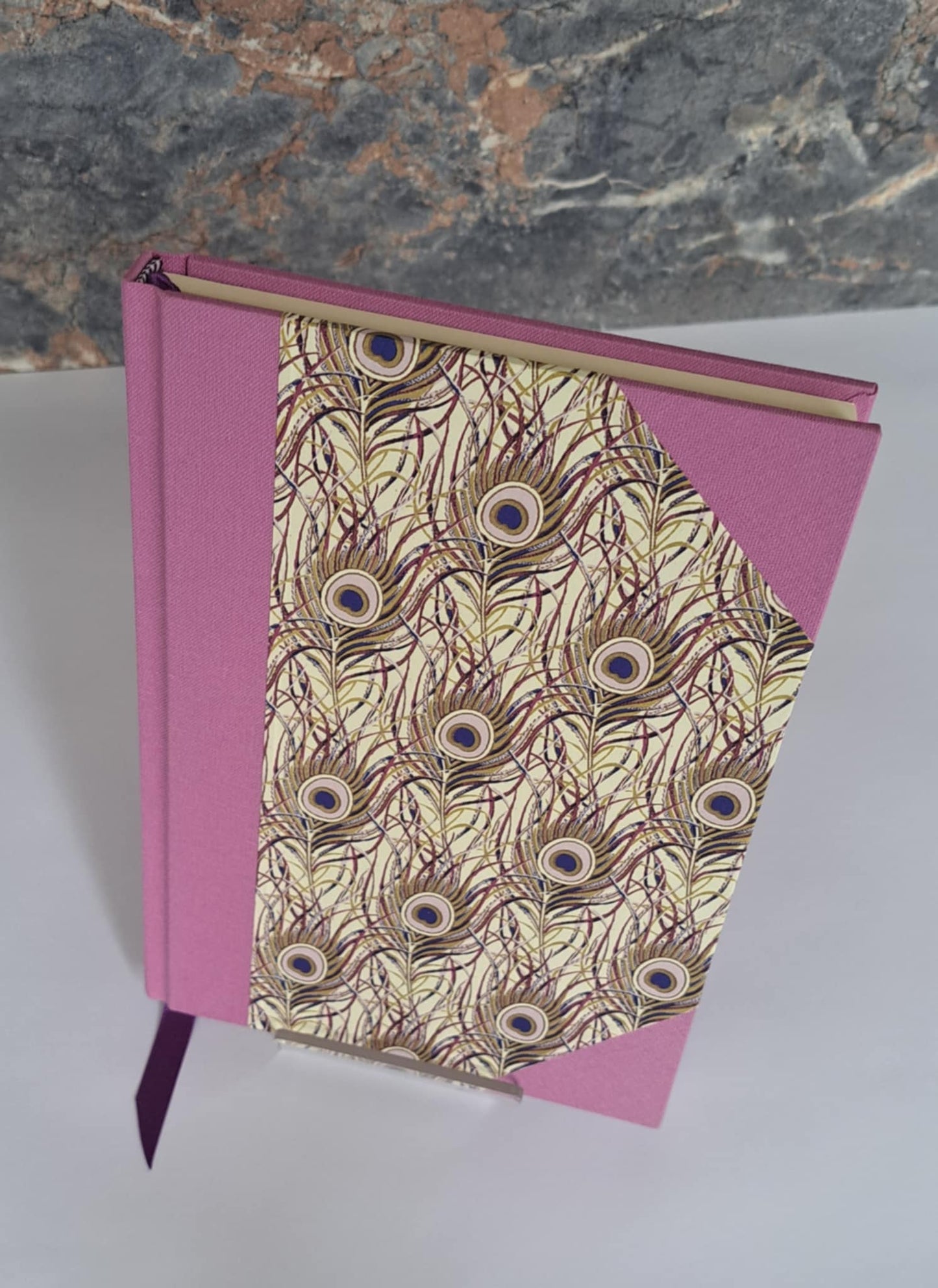 A5 Journal/Notebook (blank) - lilac purple cloth bound with gold peacock feather design front cover