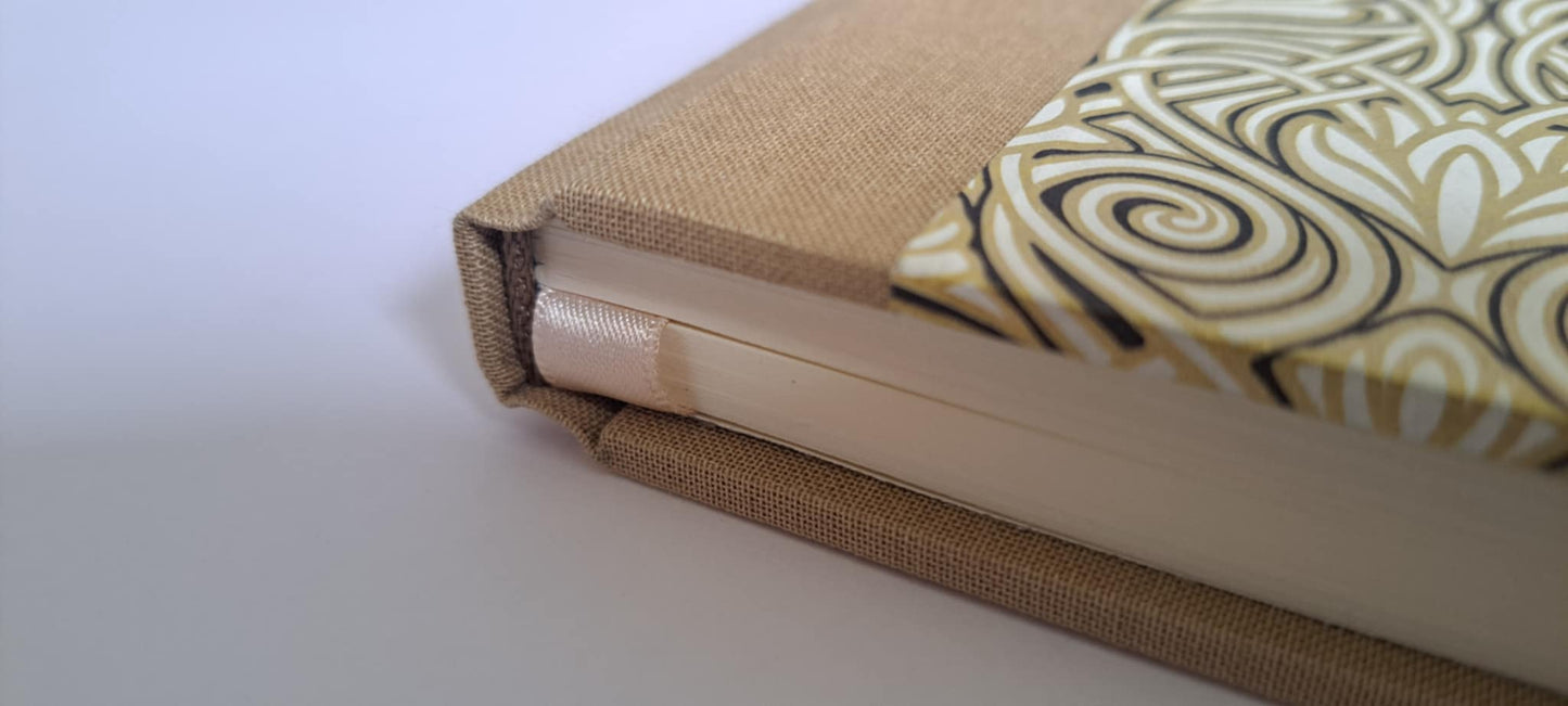 A5 Journal/Notebook (blank) - taupe/beige cloth bound with gold art deco design front cover