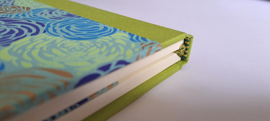 A5 Journal/Notebook (blank) - lime cloth bound with blue,turquoise and lime floral design front cover