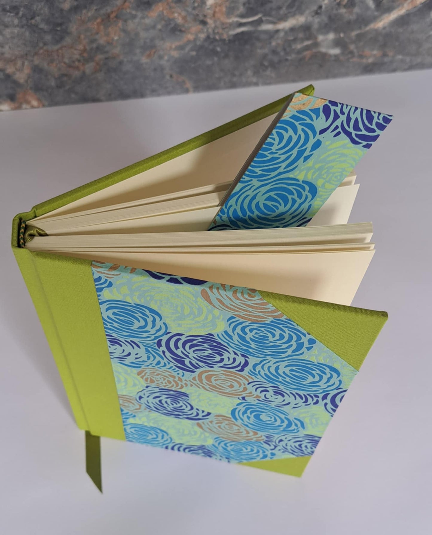 A5 Journal/Notebook (blank) - lime cloth bound with blue,turquoise and lime floral design front cover