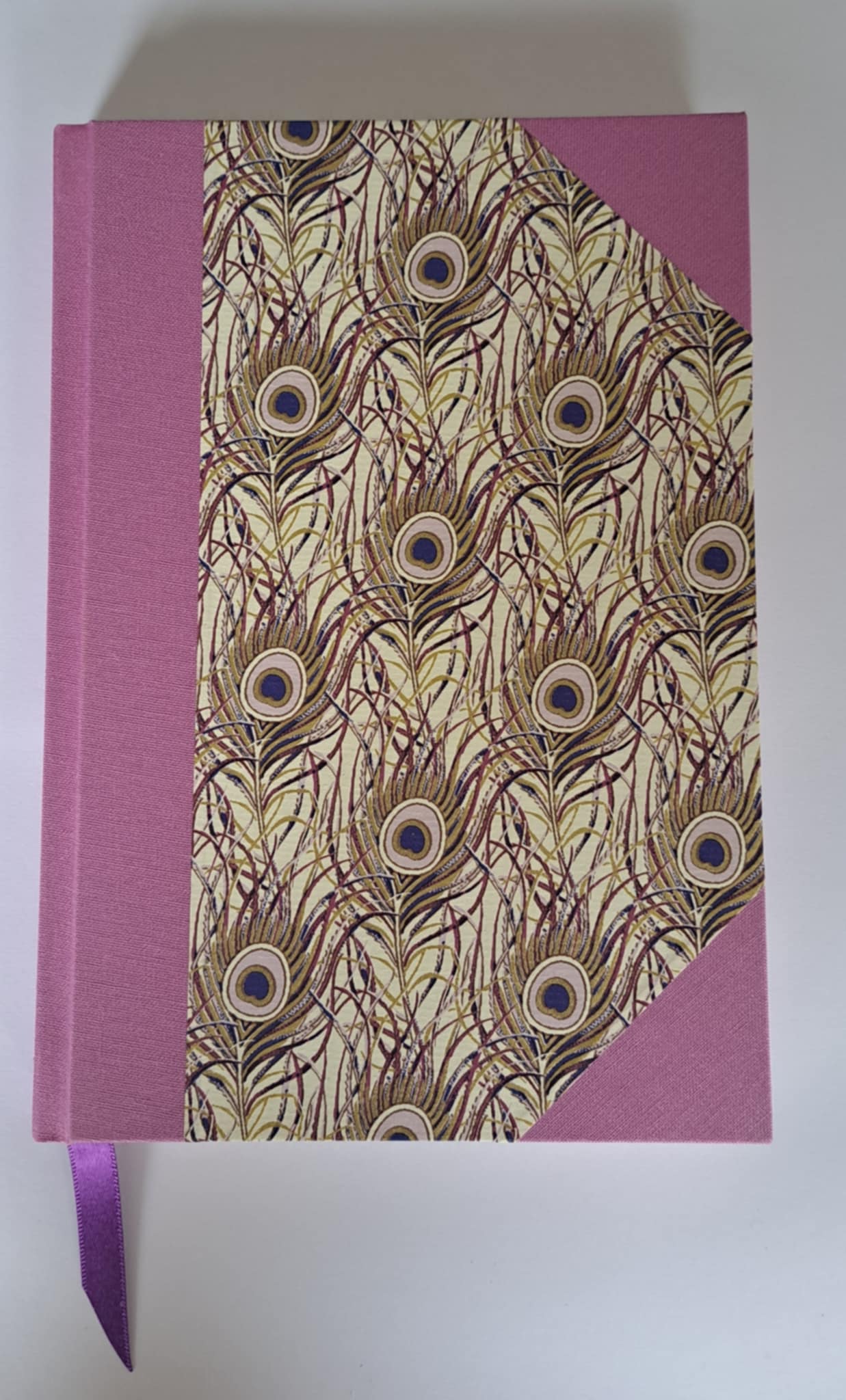 A5 Journal/Notebook (blank) - lilac purple cloth bound with gold peacock feather design front cover