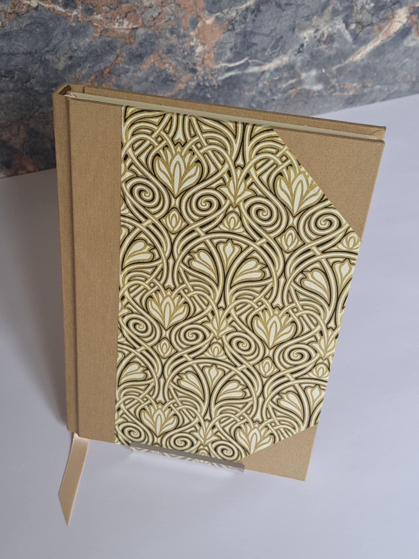 A5 Journal/Notebook (blank) - taupe/beige cloth bound with gold art deco design front cover