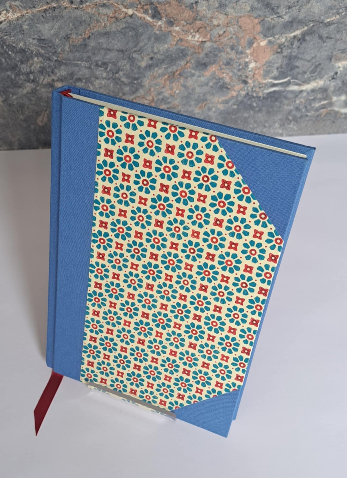 A5 Journal/Notebook (lined) - blue cloth bound with geometric floral design front cover