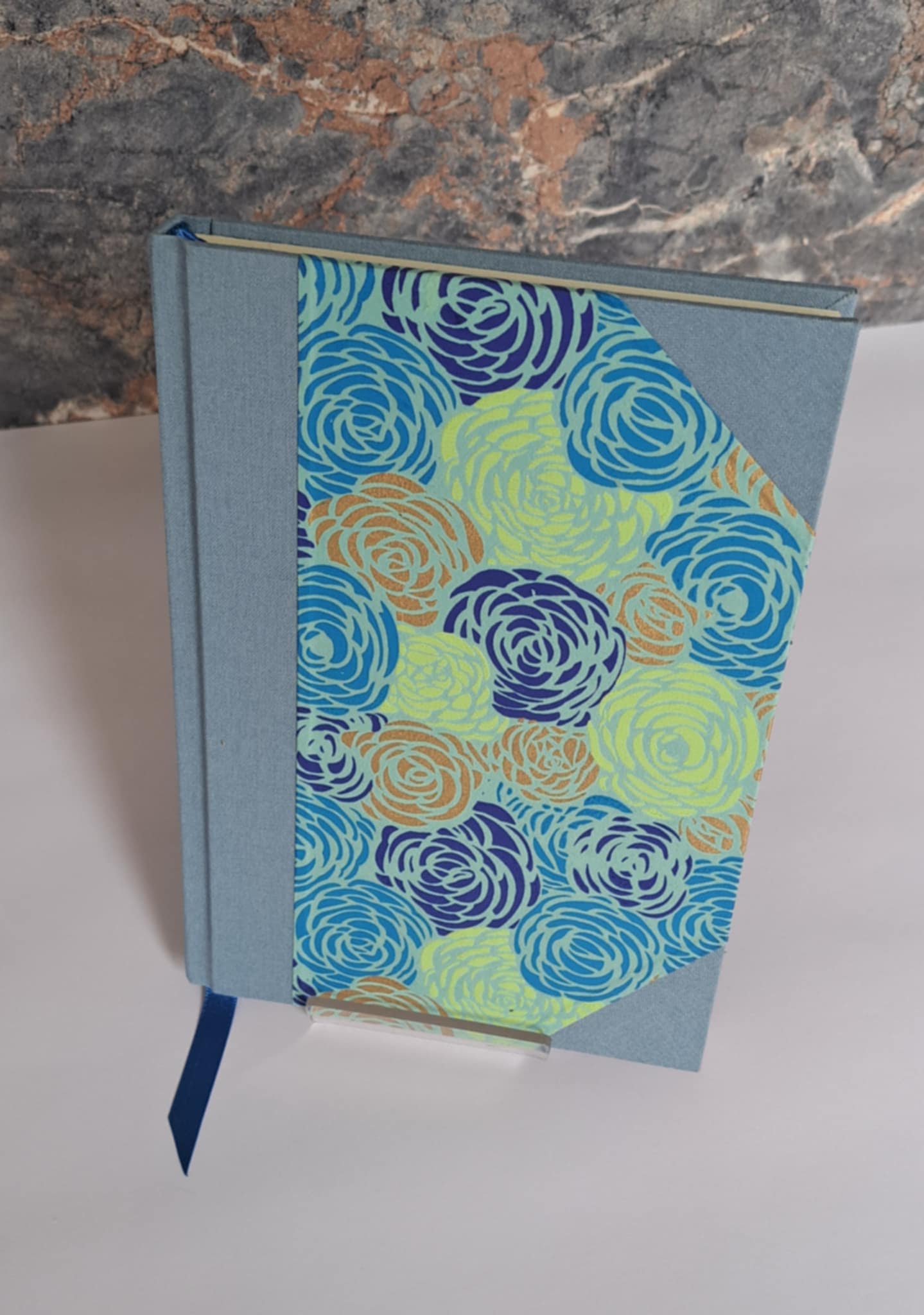 A5 Journal/Notebook (blank) - blue/grey cloth bound with turquoise and blue floral design front cover