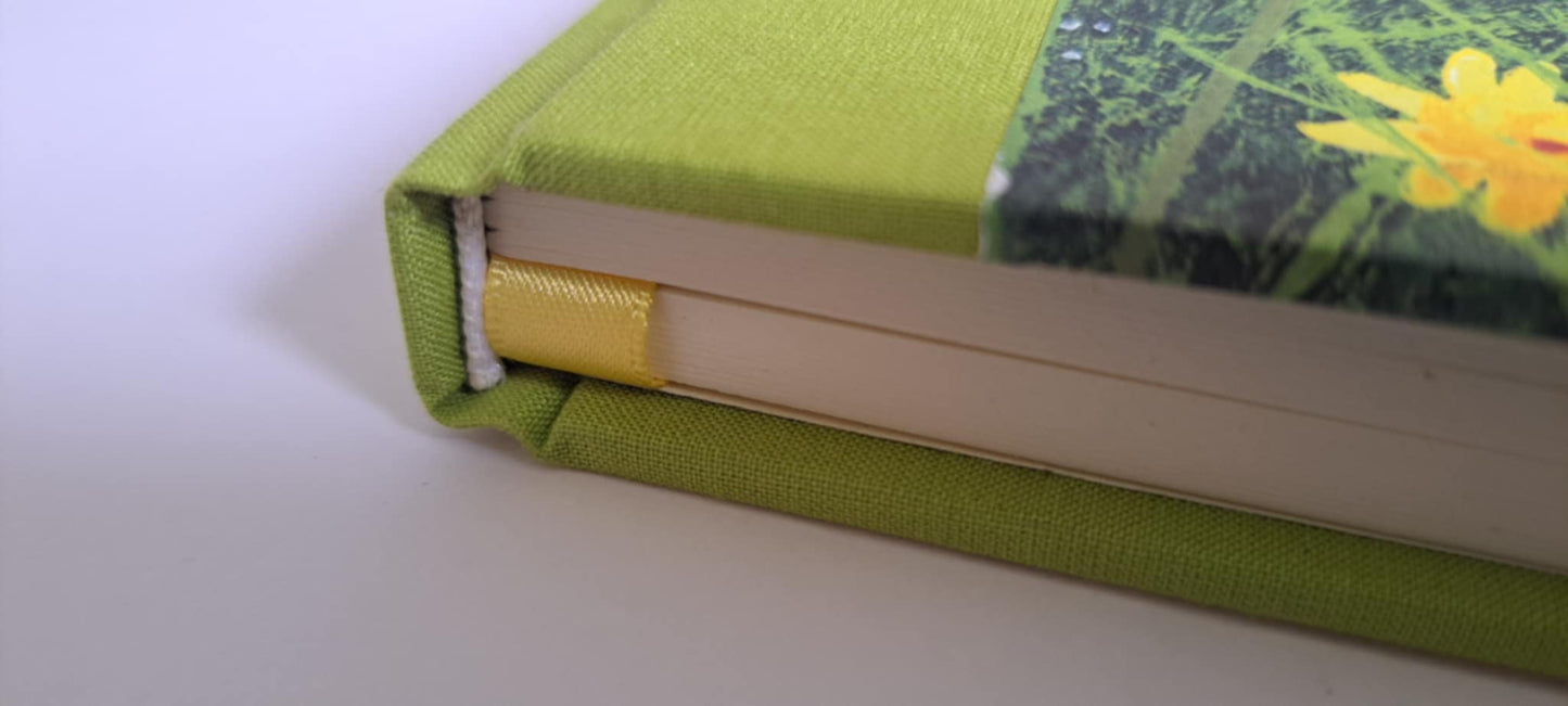 A5 Journal/Notebook (blank) - lime green cloth bound with eye-catching wildflower design front cover
