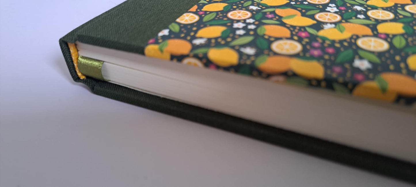 A5 Journal/Notebook (lined) - green cloth bound with citrus fruit design front cover