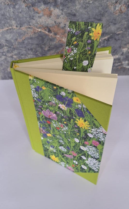 A5 Journal/Notebook (blank) - lime green cloth bound with eye-catching wildflower design front cover