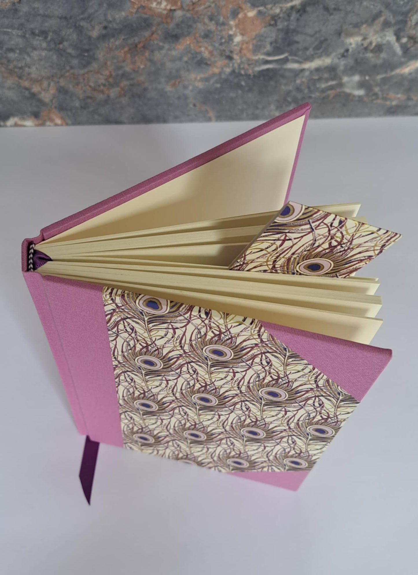 A5 Journal/Notebook (blank) - lilac purple cloth bound with gold peacock feather design front cover