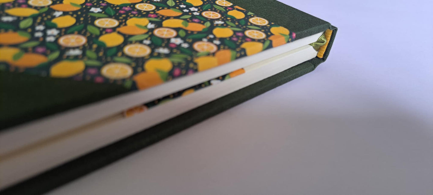 A5 Journal/Notebook (lined) - green cloth bound with citrus fruit design front cover