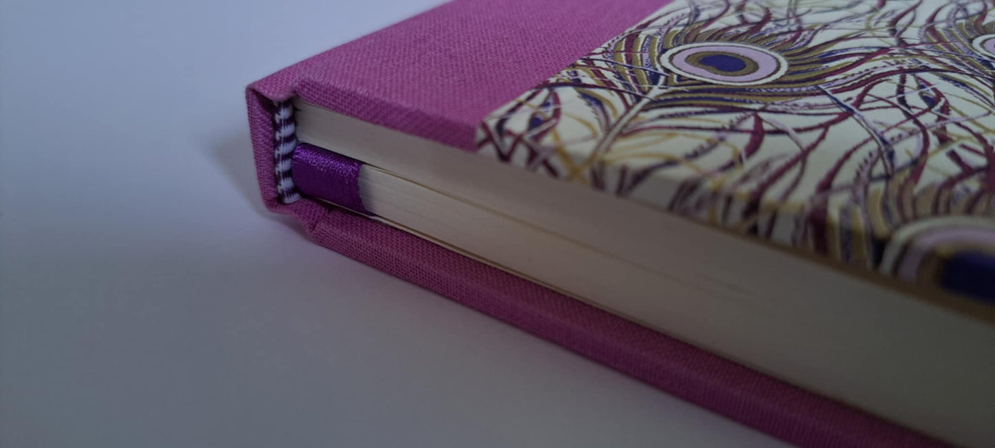 A5 Journal/Notebook (blank) - lilac purple cloth bound with gold peacock feather design front cover