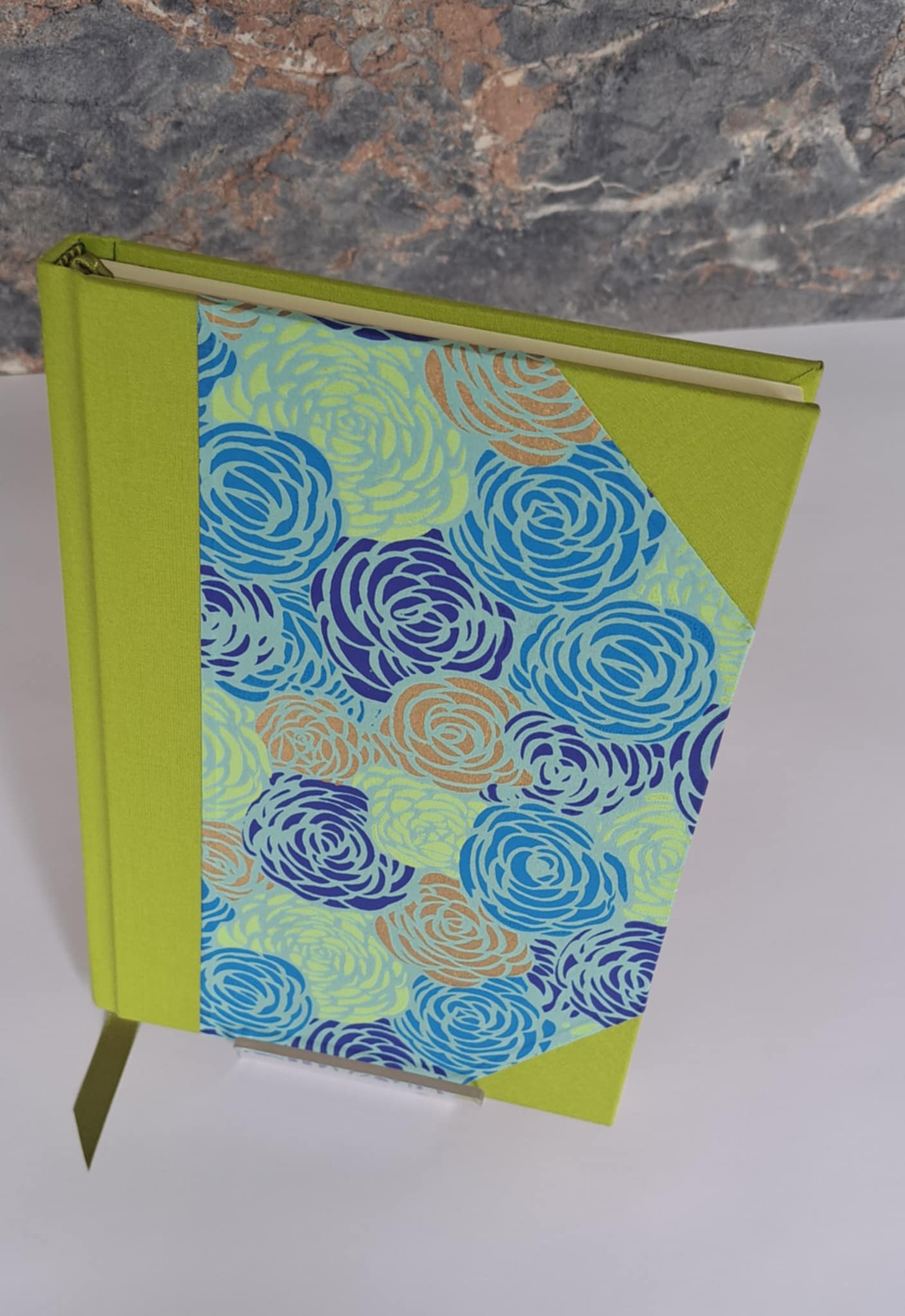 A5 Journal/Notebook (blank) - lime cloth bound with blue,turquoise and lime floral design front cover