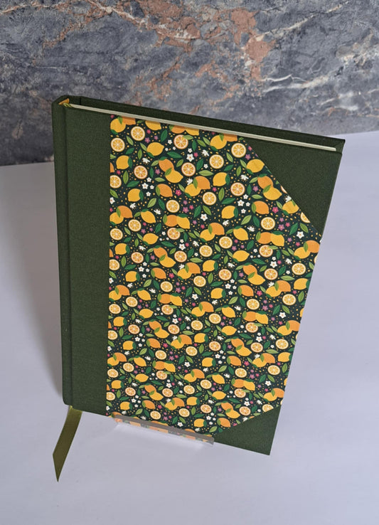 A5 Journal/Notebook (lined) - green cloth bound with citrus fruit design front cover
