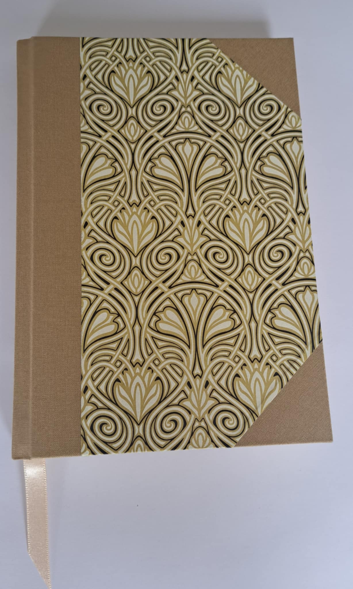 A5 Journal/Notebook (blank) - taupe/beige cloth bound with gold art deco design front cover