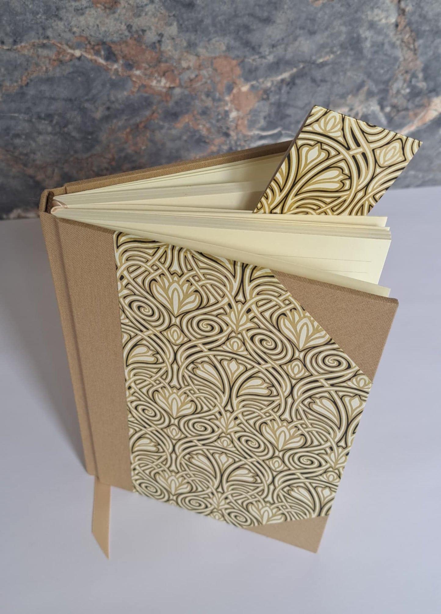 A5 Journal/Notebook (blank) - taupe/beige cloth bound with gold art deco design front cover
