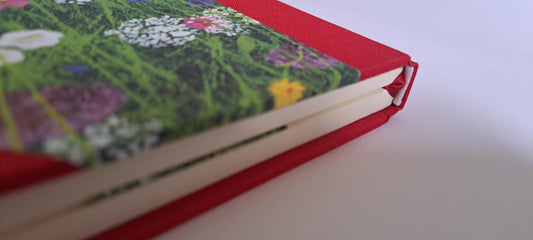 A5 Journal/Notebook (lined)- red cloth bound with wildflower floral design front cover