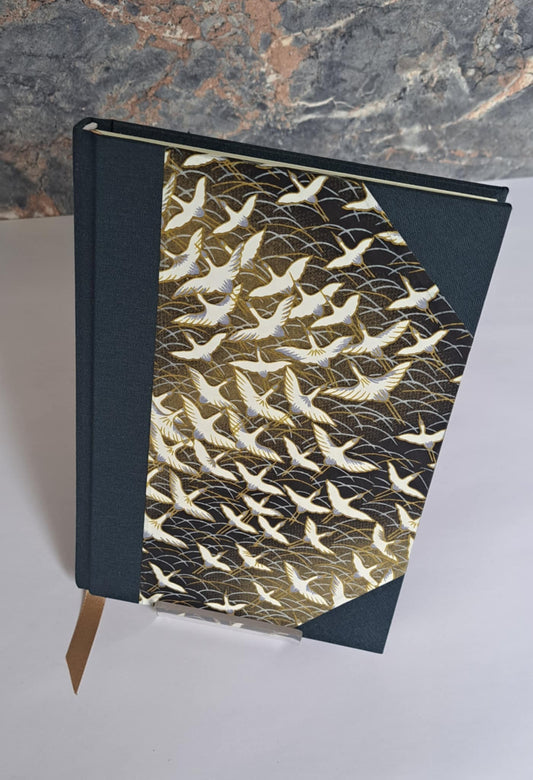 A5 Journal/Notebook (lined)- dark blue cloth bound with Japanese cranes design front cover