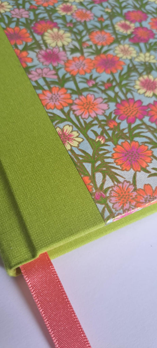 A5 Journal/Notebook (lined)- lime cloth bound with floral design front cover