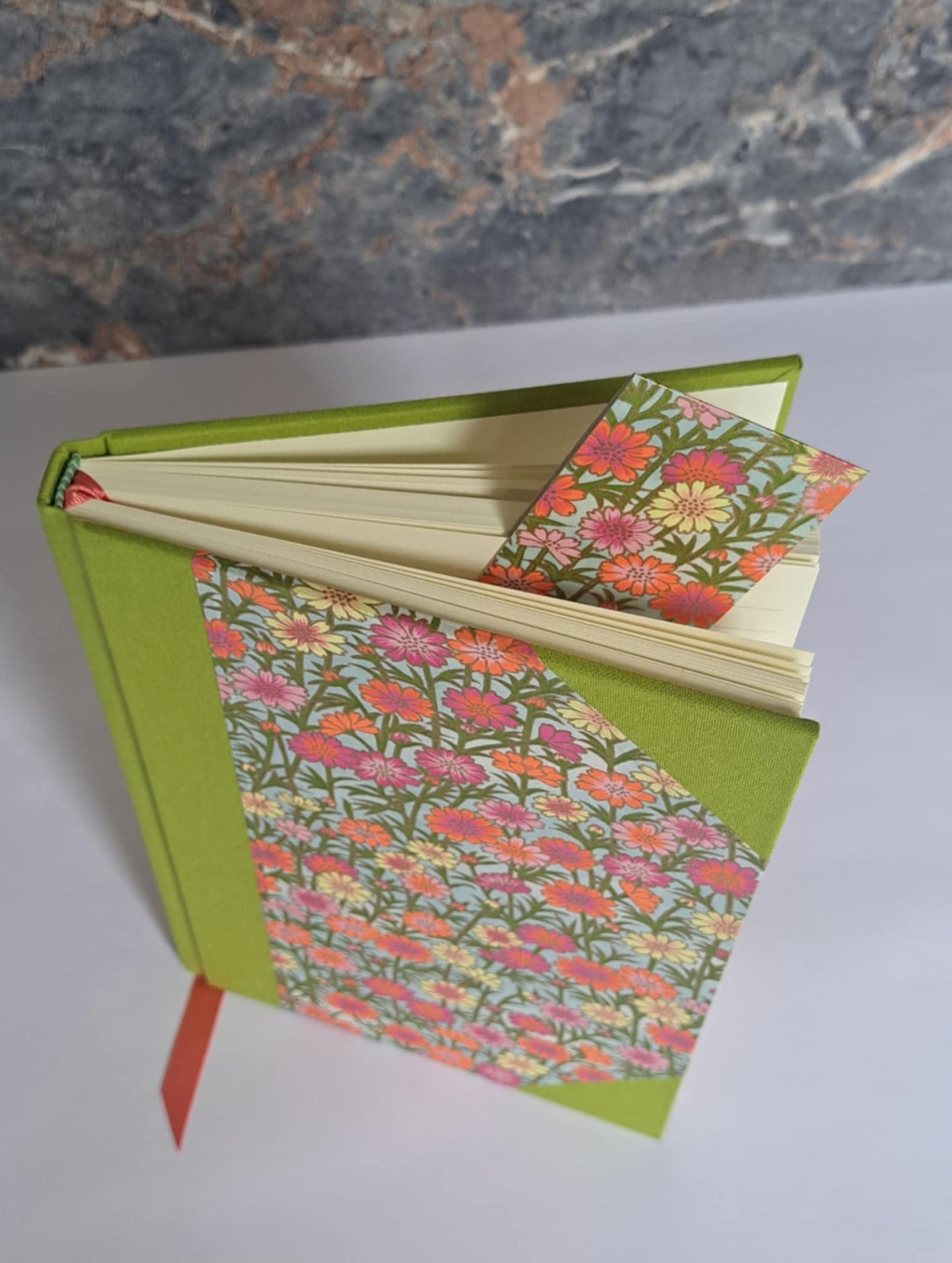 A5 Journal/Notebook (lined)- lime cloth bound with floral design front cover