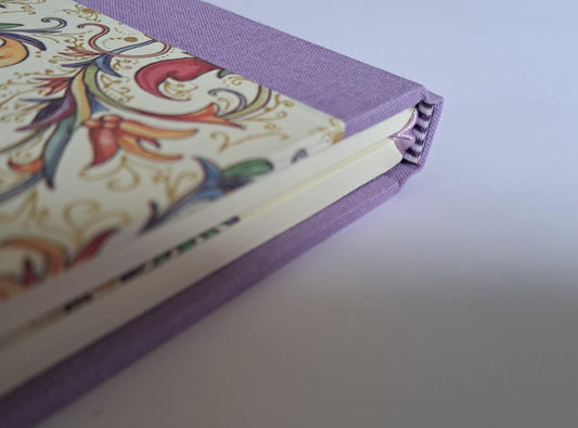 A5 Journal/Notebook (lined)- lilac cloth bound with Italian Florentine design front cover