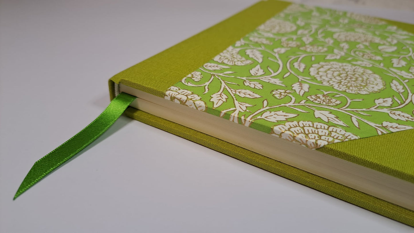 A5 Journal/Notebook (blank) - lime cloth bound with lime floral design front cover