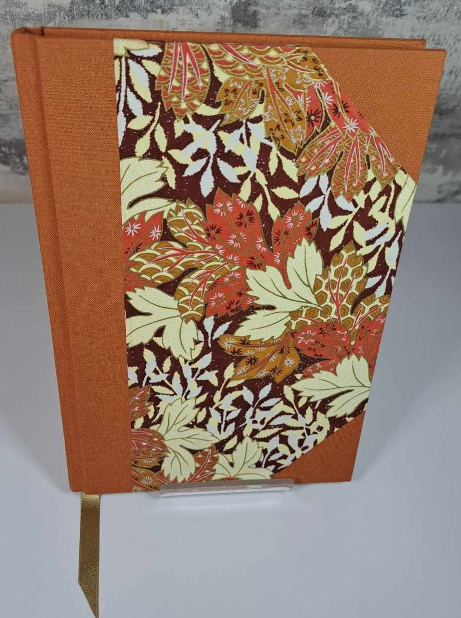 A5 Journal/Notebook (blank) - rust cloth bound with gold and cream floral design front cover