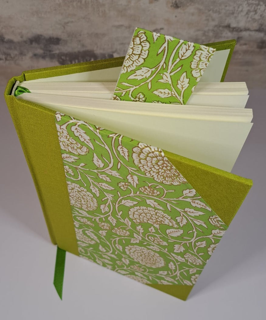 A5 Journal/Notebook (blank) - lime cloth bound with lime floral design front cover