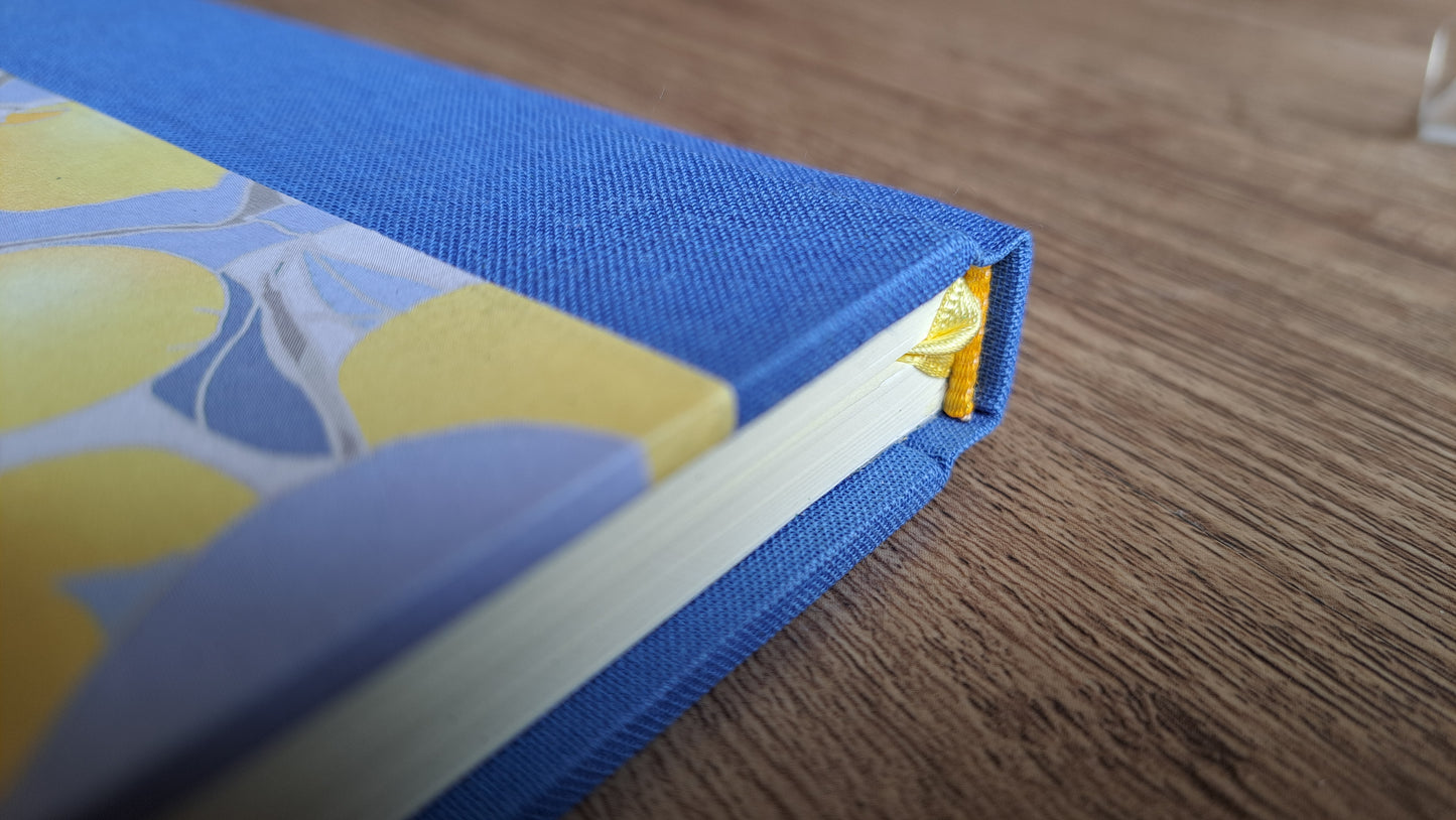 A5 Journal/Notebook (lined) - blue cloth bound with blue and yellow leaf design front cover