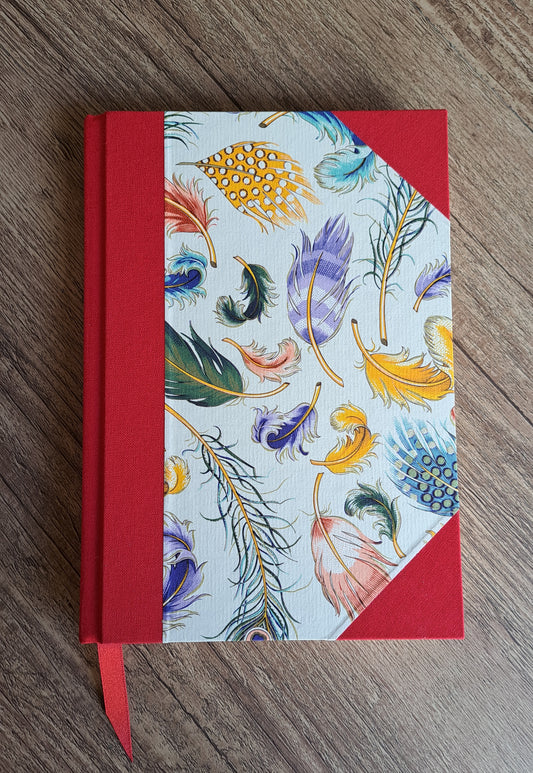 A5 Journal/Notebook (lined) - red cloth bound with peacock design front cover