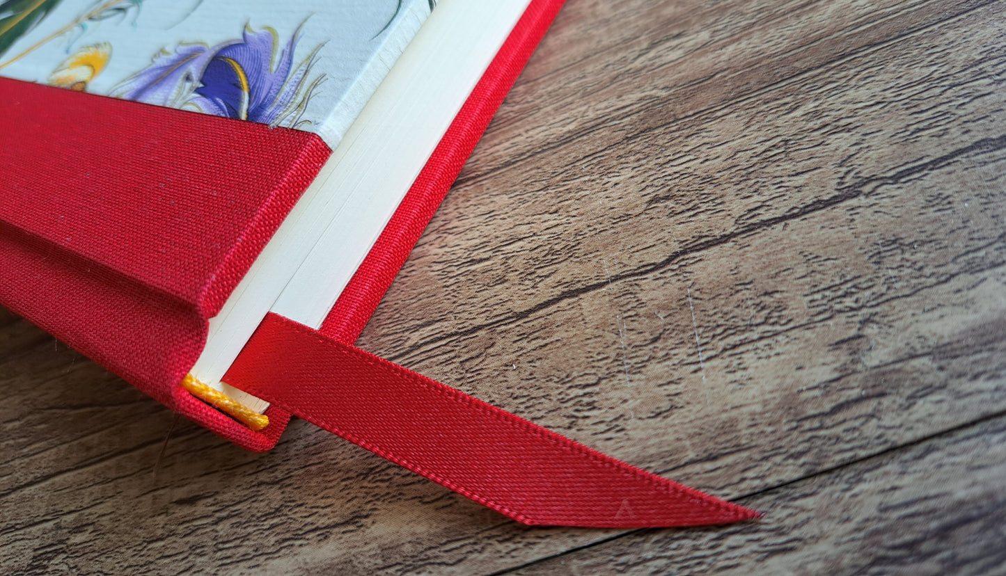 A5 Journal/Notebook (lined) - red cloth bound with peacock design front cover