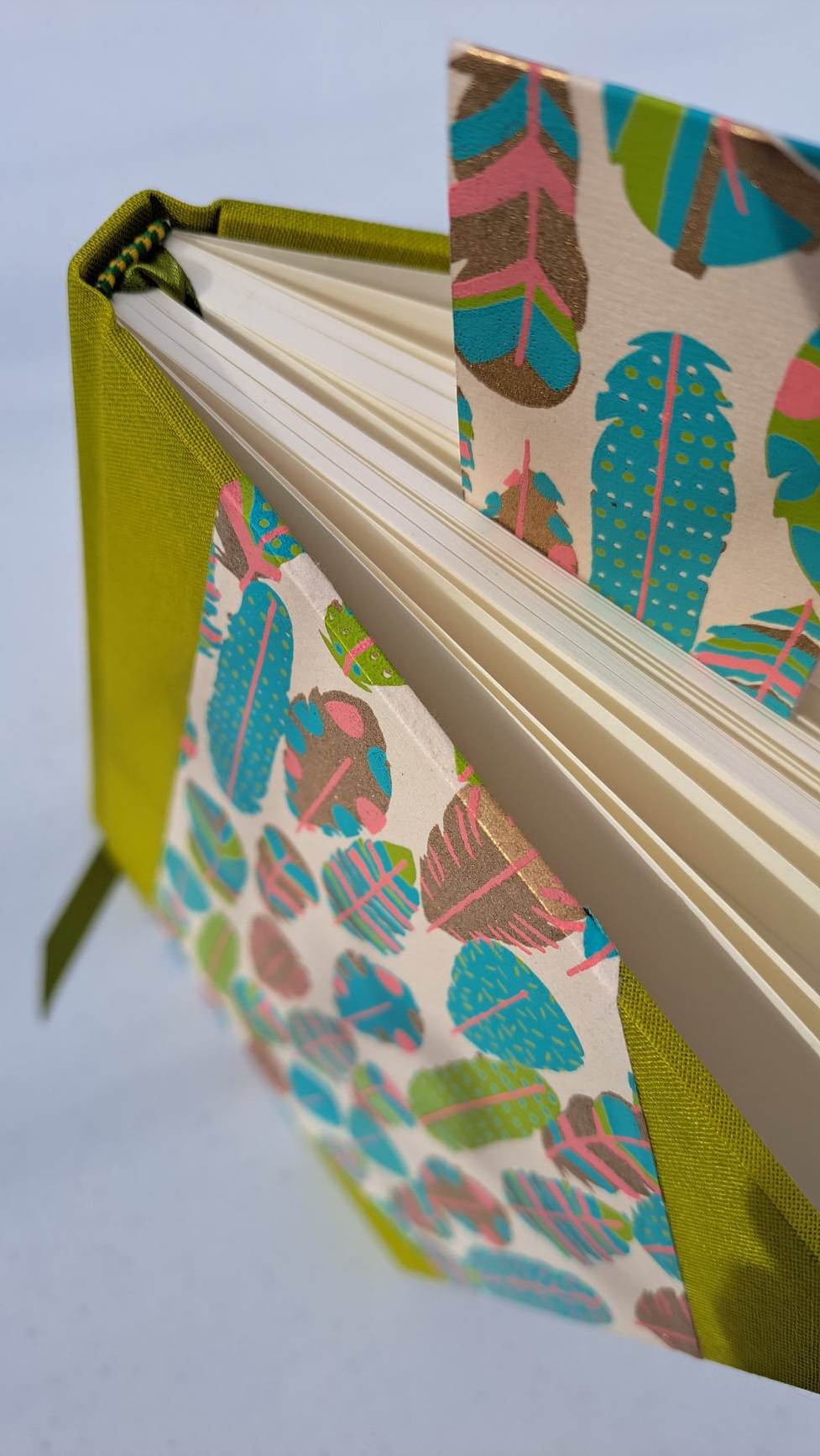 A5 Journal/Notebook (lined) - lime cloth bound with turquoise feather design front cover