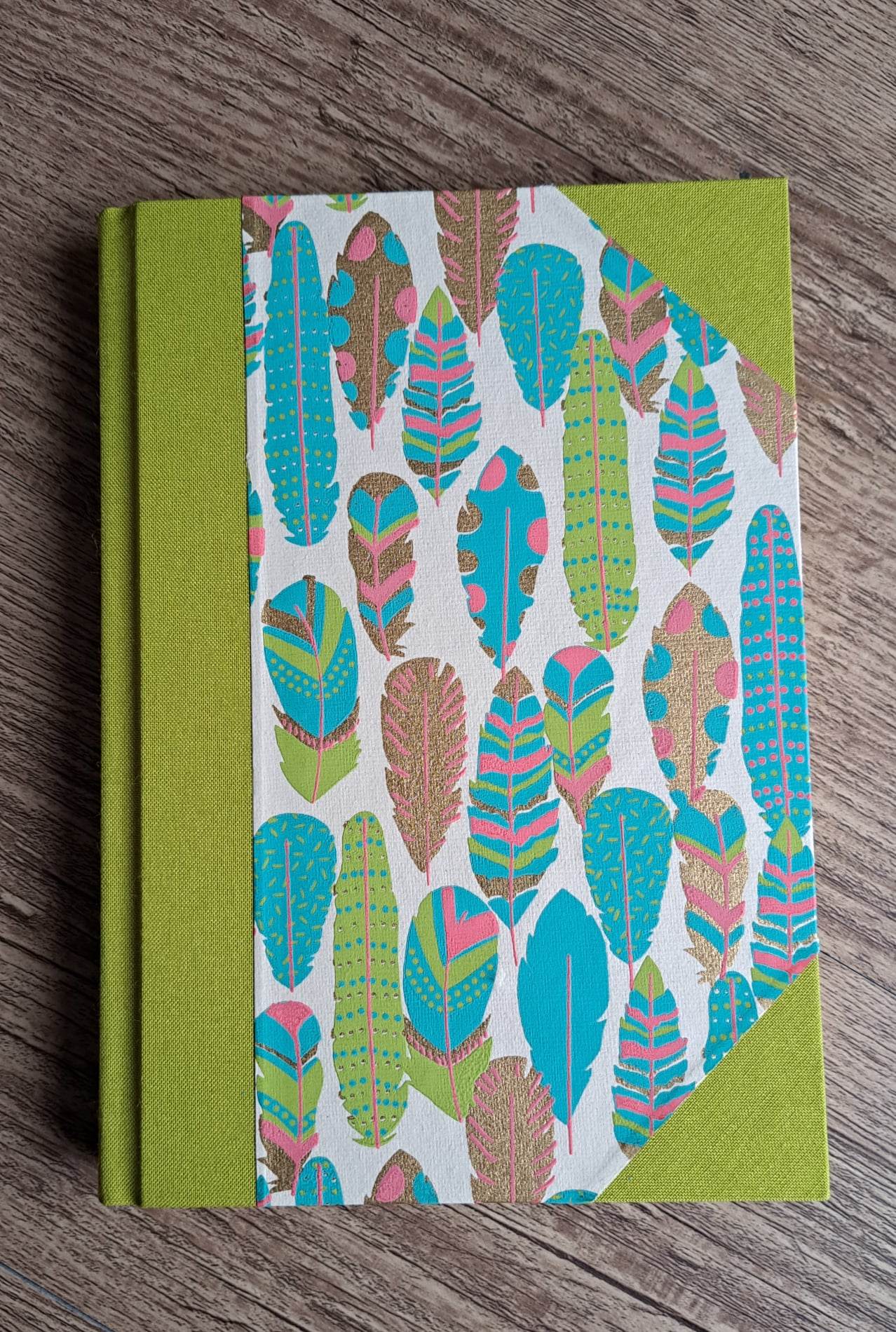 A5 Journal/Notebook (lined) - lime cloth bound with turquoise feather design front cover