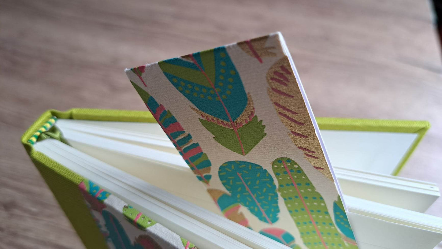 A5 Journal/Notebook (lined) - lime cloth bound with turquoise feather design front cover