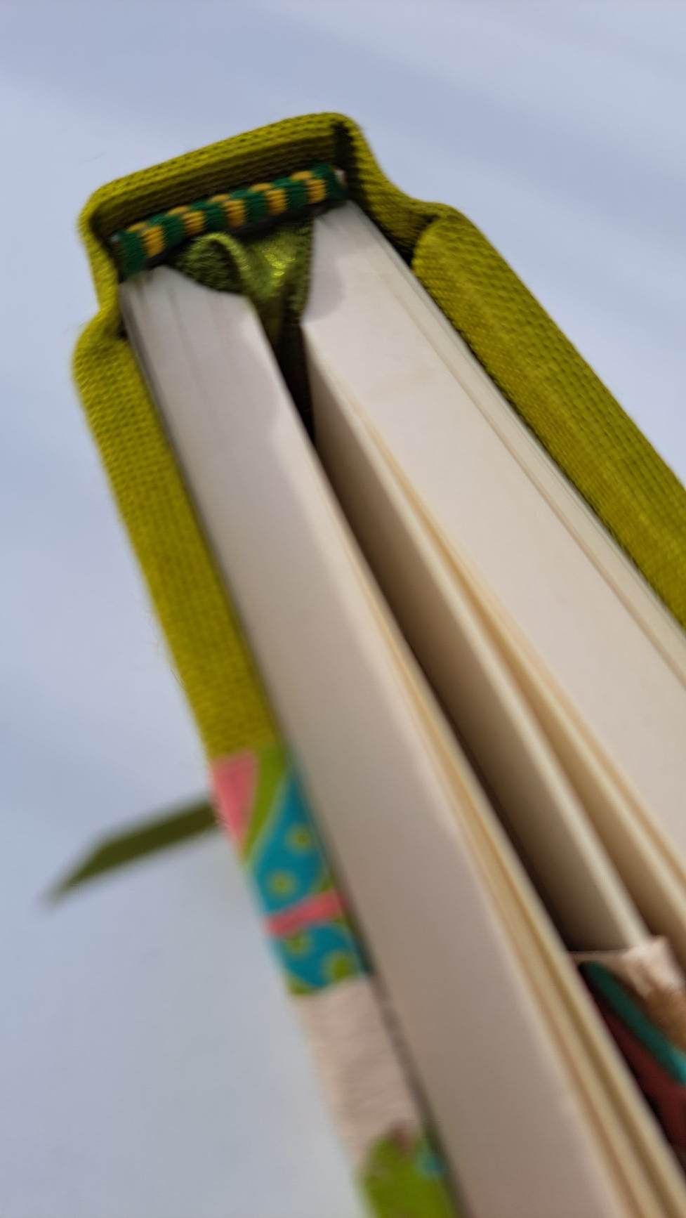 A5 Journal/Notebook (lined) - lime cloth bound with turquoise feather design front cover