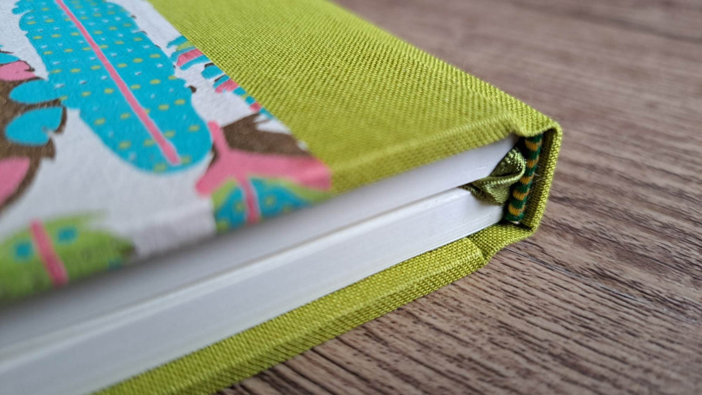 A5 Journal/Notebook (lined) - lime cloth bound with turquoise feather design front cover